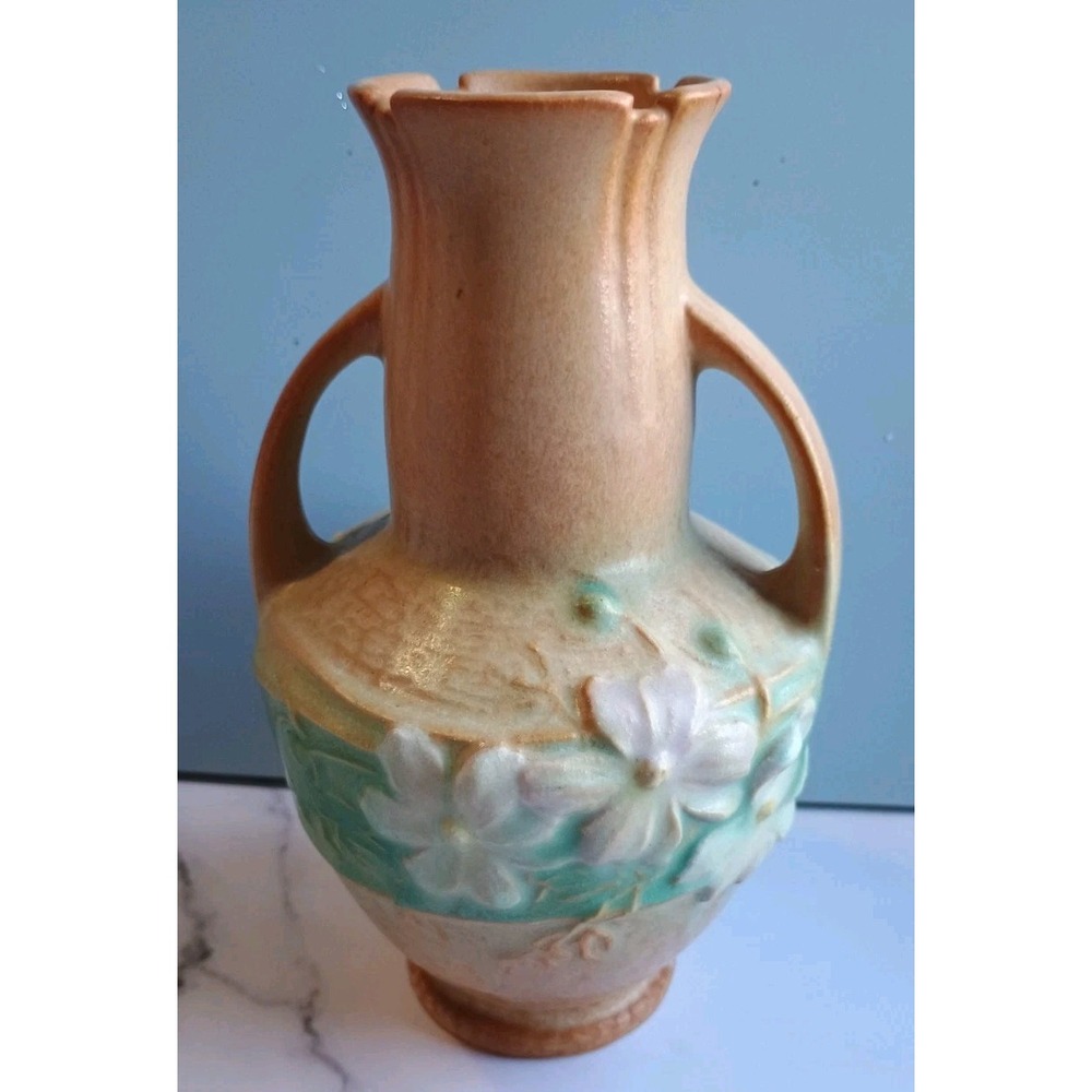 Vintage Roseville 1939 Art Pottery Green Cosmos Double-Handled‎ Vase READ